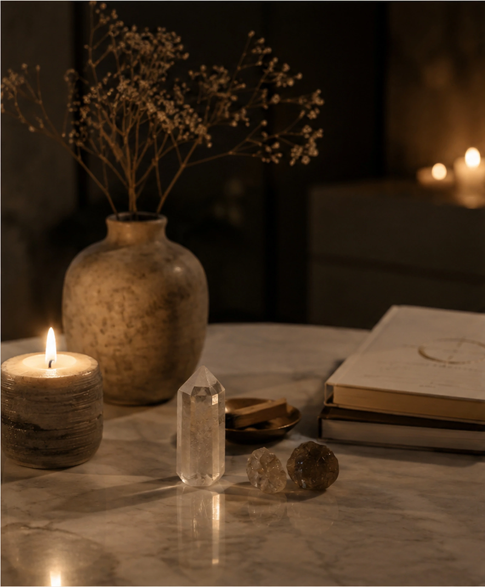 Mesa de consulta con cartas y velas