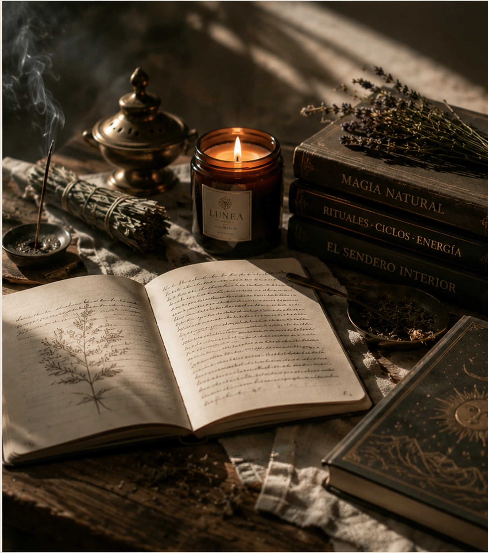 Libro y vela en una atmósfera cuidada